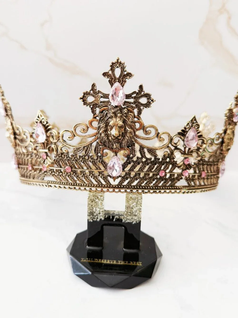 Vintage Style Gold Lion Crown with Pink Crystals, Royal King Queen Headpiece